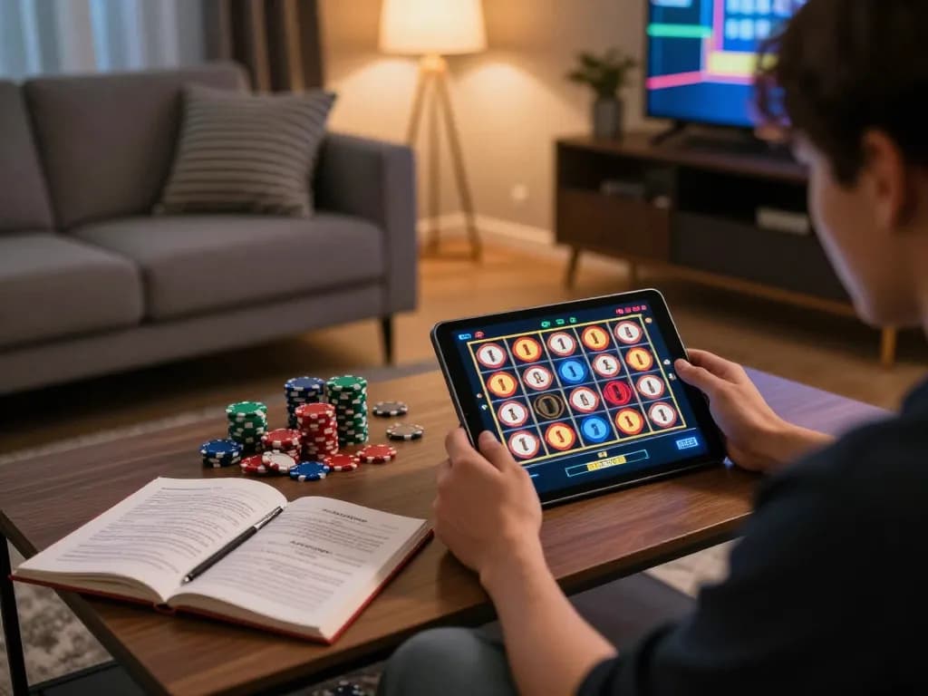 Player engaging with online slots on LV88, surrounded by cozy decor and strategy notes