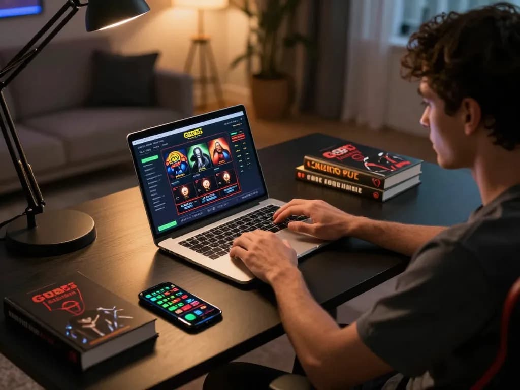 Engaging online gambler exploring God55 interface on laptop in a cozy home environment.