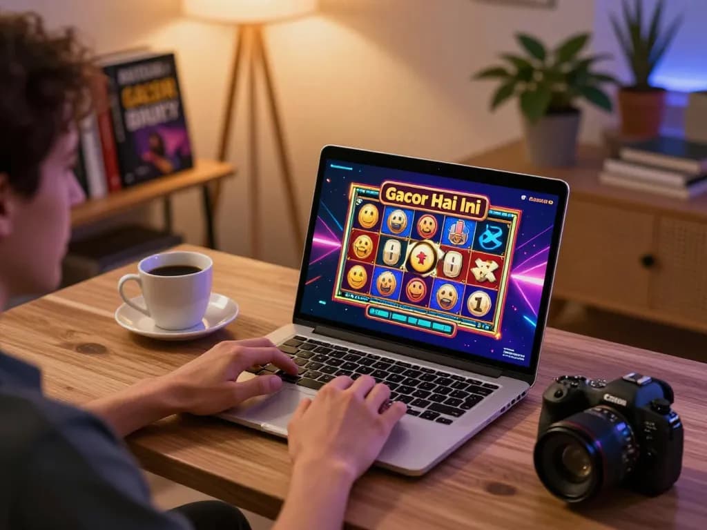 Playing slot gacor hari ini in a cozy home office setting with engaging visuals on the screen