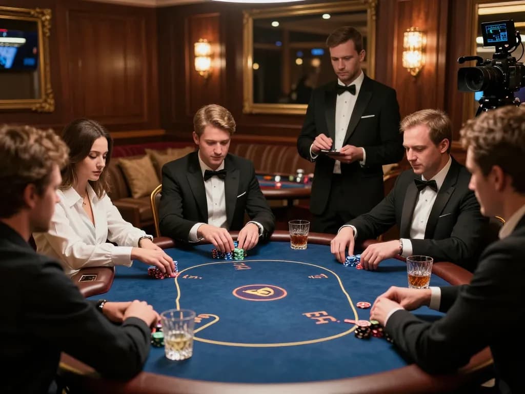 Players enjoying a premium poker game at 32win's exclusive VIP table in an upscale casino setting