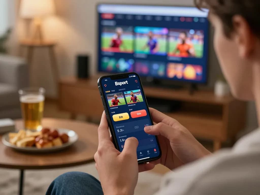 Engaging user on Bsport betting app amid live sports, highlighting mobile gambling experience.