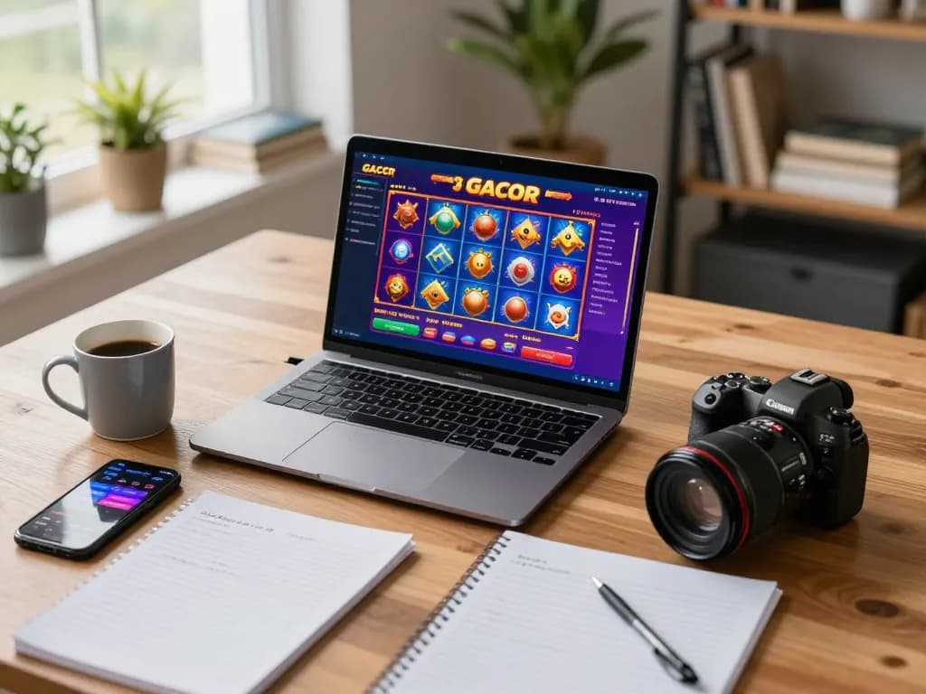 Engaging setup for slot online gacor gaming featuring a laptop, smartphone, and personal notes in a cozy home