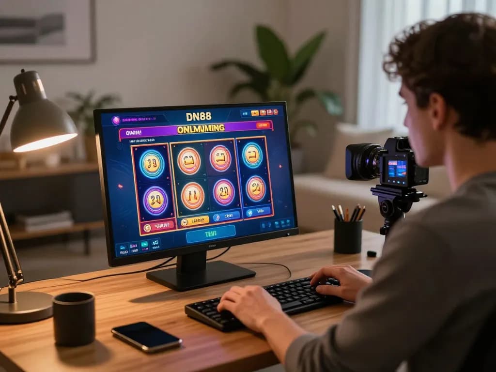 A player engages with DN88 online casino, exploring vibrant slot games in a cozy home office.