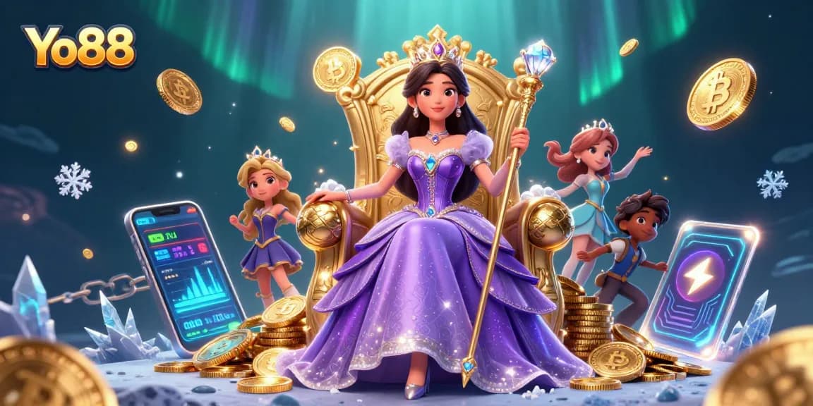 Experience the royal elegance of Yo88 with dazzling game elements and vibrant casino scenes in a captivating illustration.