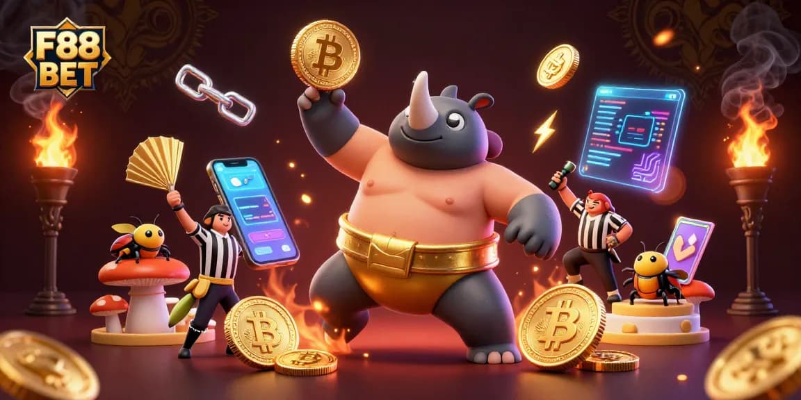 Win big with F88 BET in a vibrant 3D illustration of a beetle sumo champion amidst flying coins.