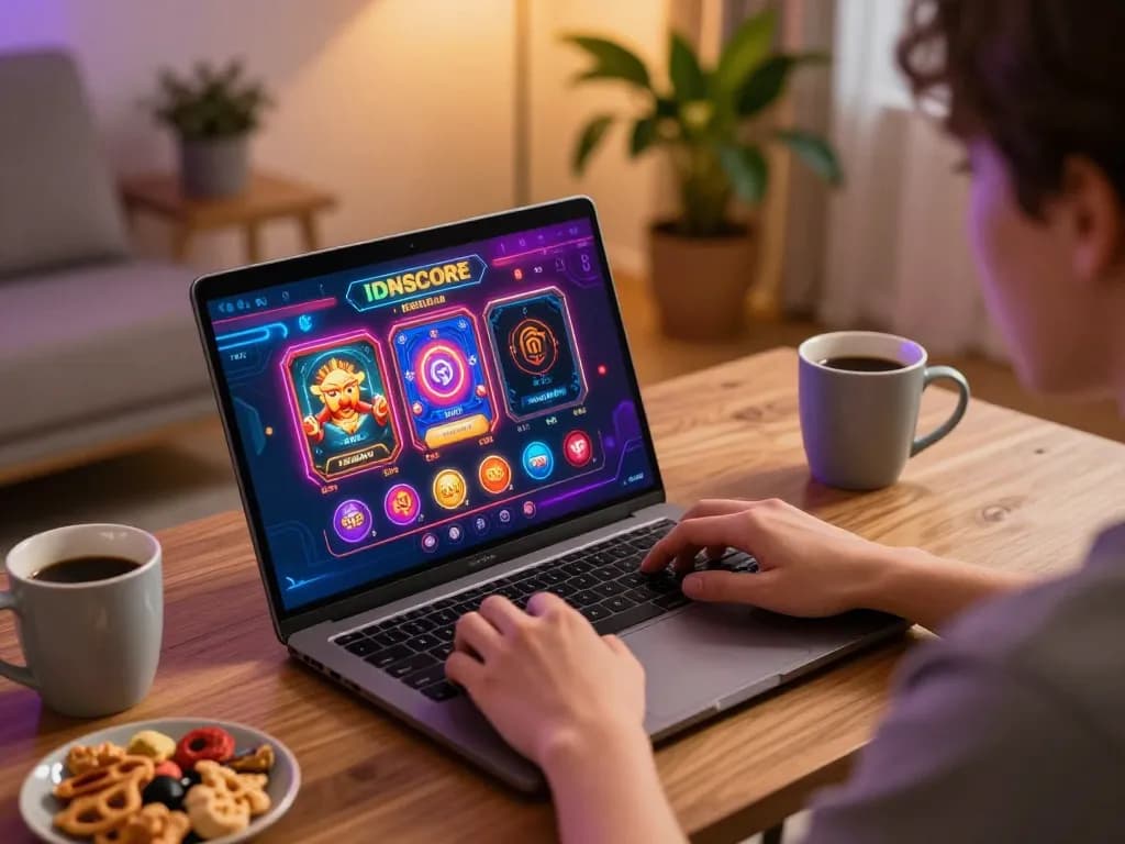 IDNSCORE RESMI gaming on a laptop, displaying vibrant casino app graphics in a cozy setting