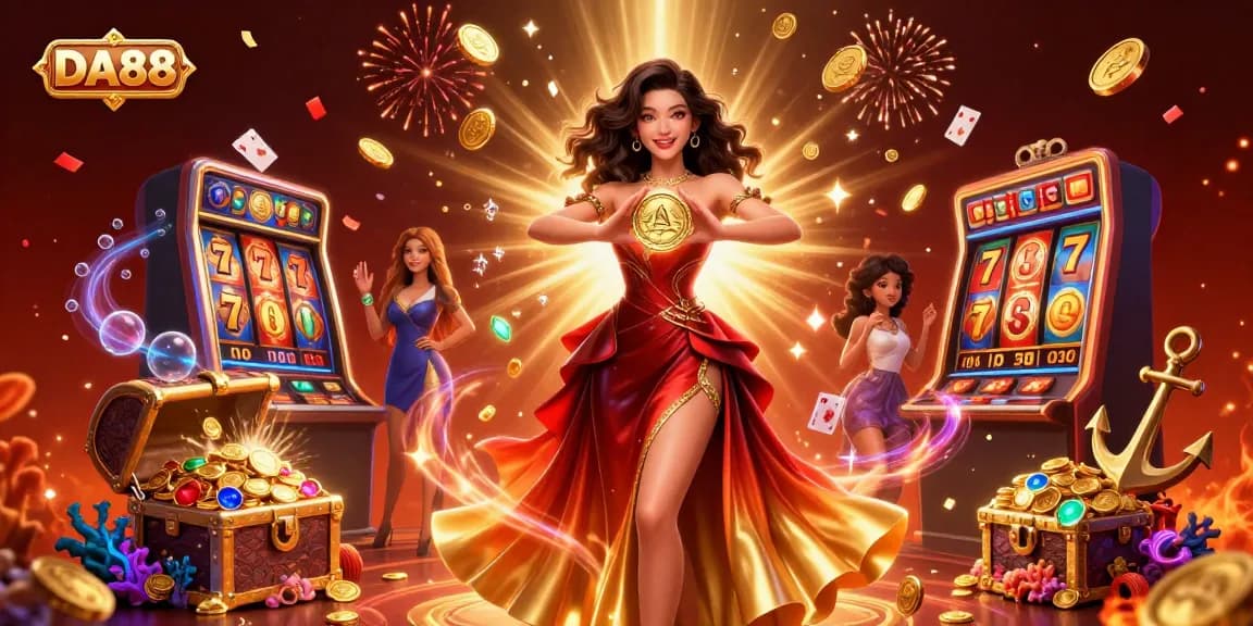 Experience DA88's vibrant casino theme with golden coins raining and stunning character art.