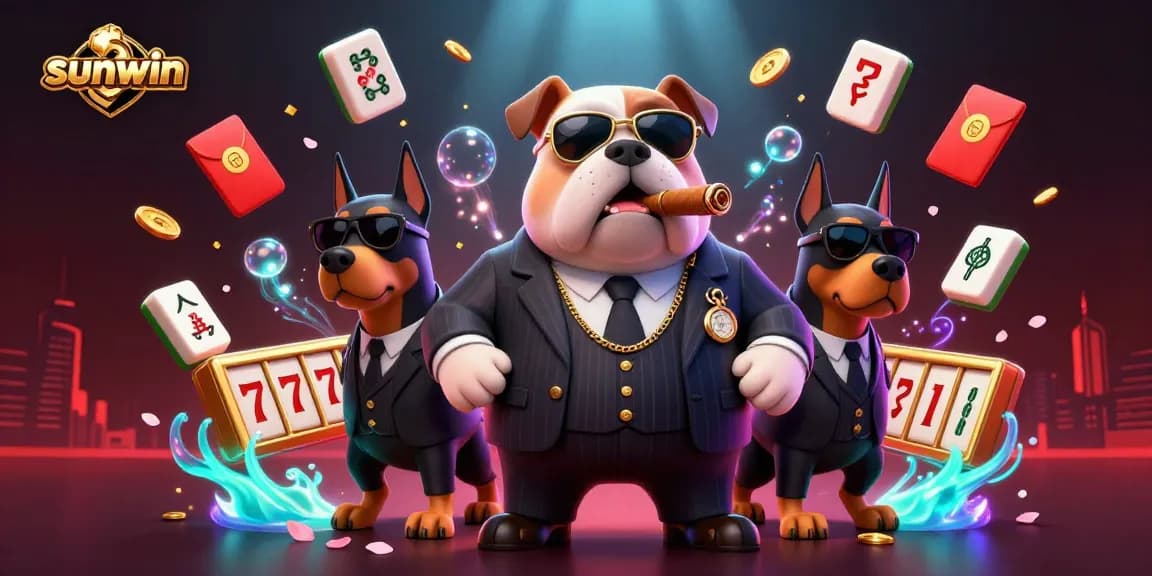 Experience the thrill of sunwin's 3D cartoon casino scene with a bulldog boss and bodyguards.