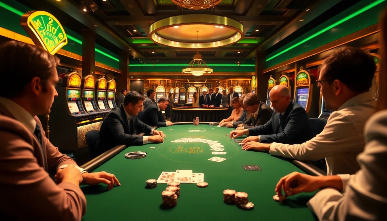 AT99 card players engaged in a heated game at a vibrant casino table.