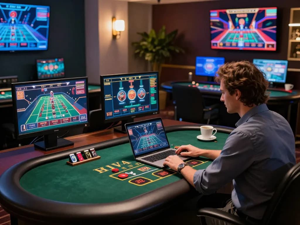 Engaged player at home enjoying the online gambling experience with nhà cái uy tín 123B on multiple screens.