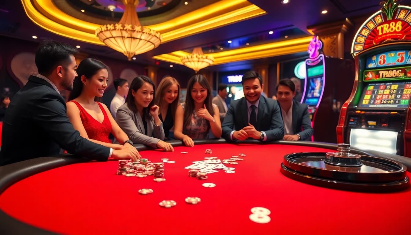 Players enjoying an exciting poker game at TR88's luxurious casino table.
