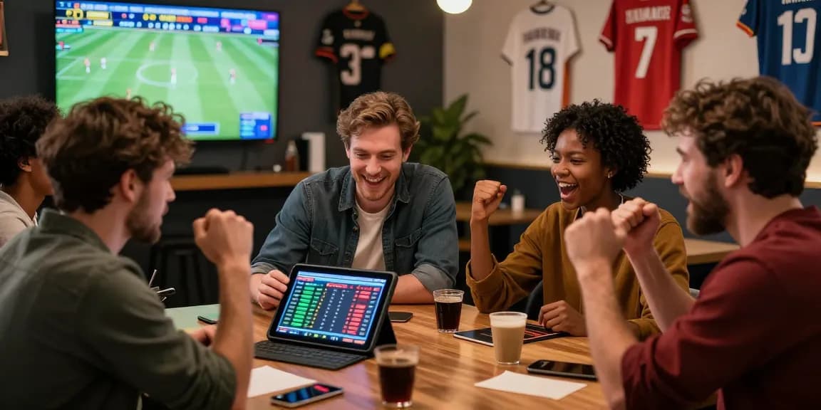 Enthusiastic players discussing OPEN88 betting strategies in a vibrant sports betting environment.