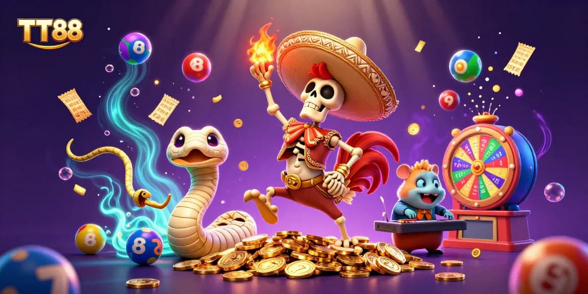 TT88 brings excitement with a dancing mariachi rooster, golden coins, and lottery elements.