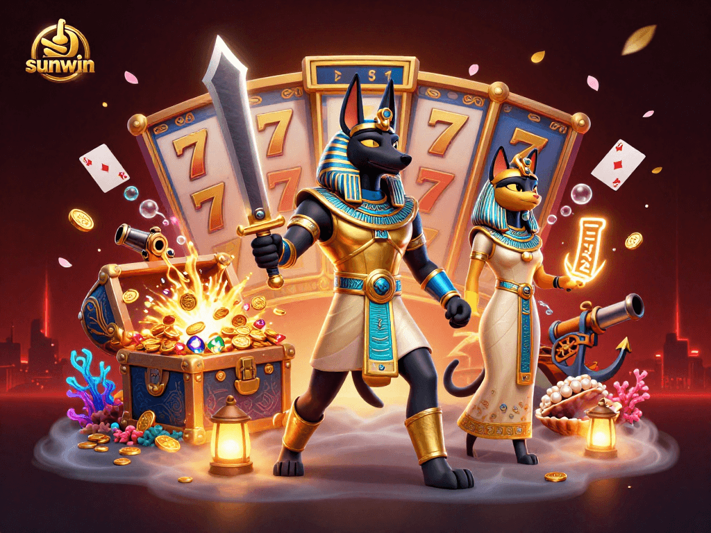 Experience stunning wins with sunwin's vibrant casino scene featuring Anubis and Bastet!