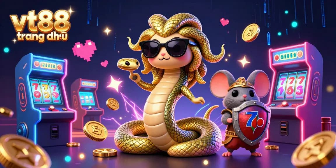 Experience the vibrant vt88 trang chủ scene, featuring Medusa and a warrior mouse amid lively gaming elements.