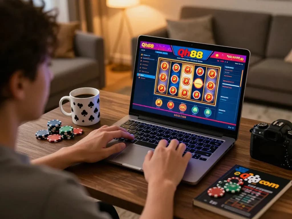 Engaging online gambling experience with player enjoying Qh88 com casino games in a cozy home setting.