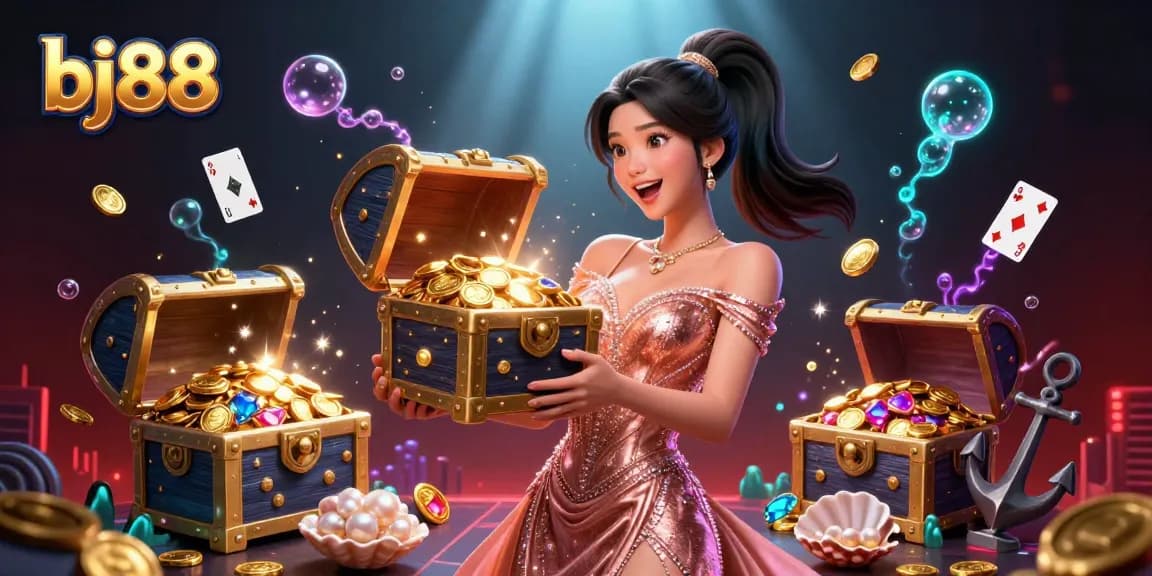 Experience the exciting world of bj88 with a lively treasure chest overflowing with riches amidst vibrant casino elements.