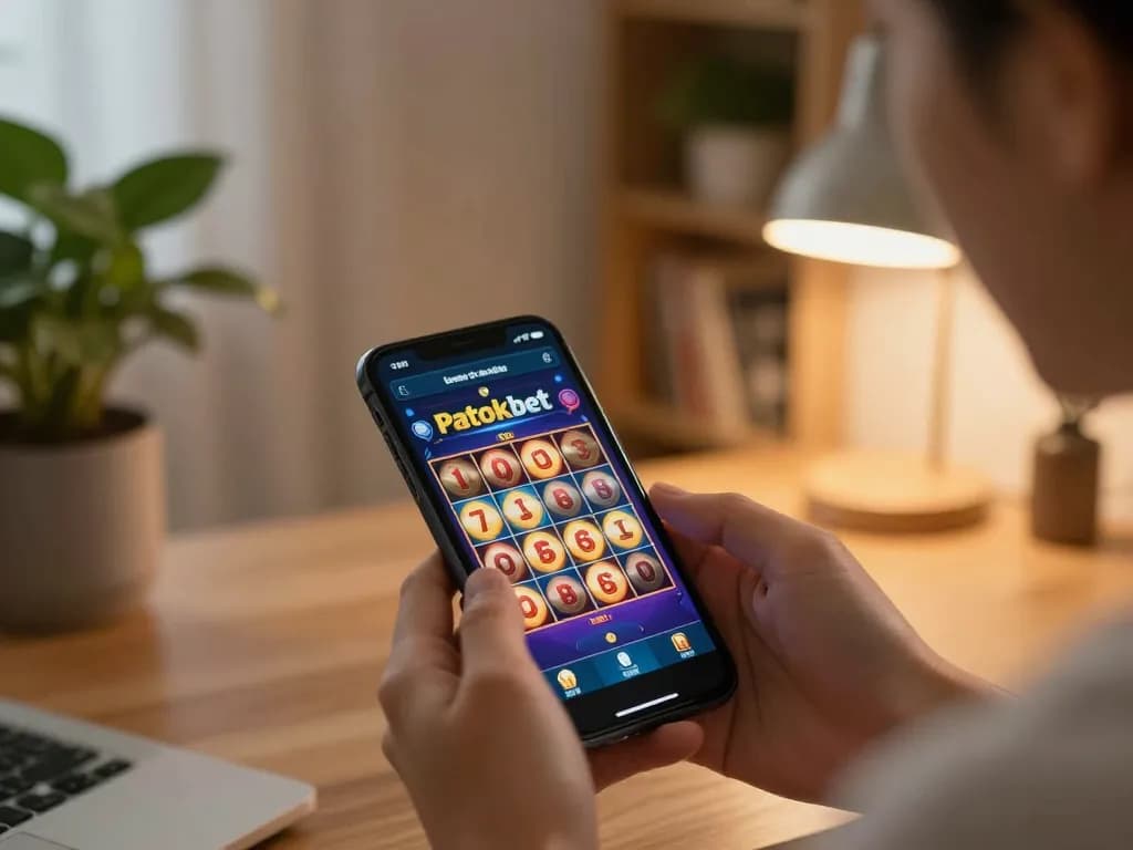 Engaging with patokbet slot game on a smartphone, emphasizing a cozy mobile gaming experience.