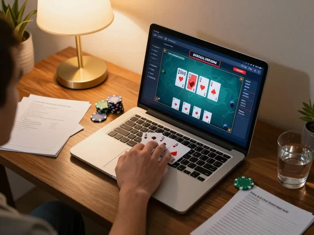 IDCASH88 player strategizing with online poker interface and chips on laptop