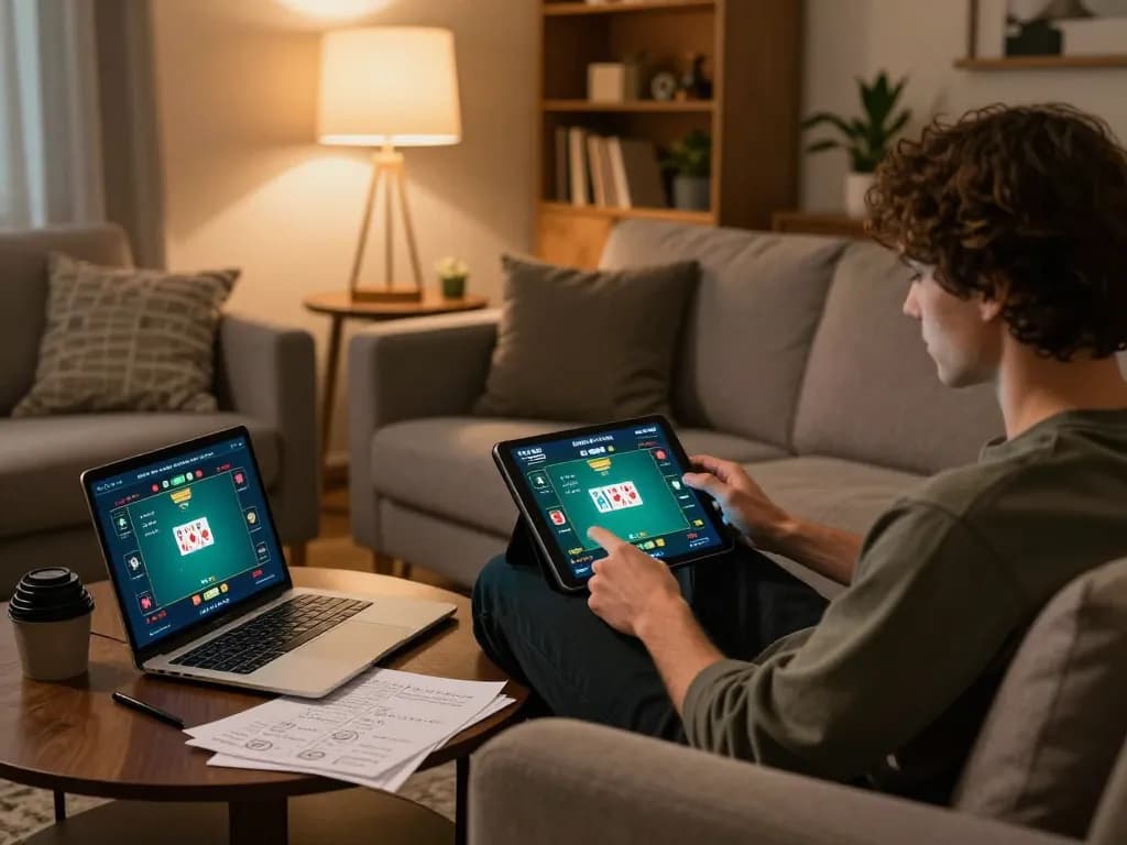 Engaging in strategic online poker gameplay on a tablet while enjoying home comfort with 888VI.