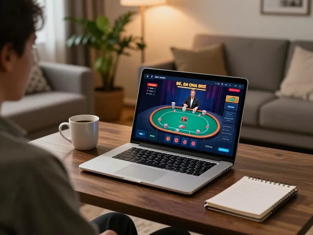 Person engaging in online gambling with VIPWIN on laptop showcasing a live dealer game.