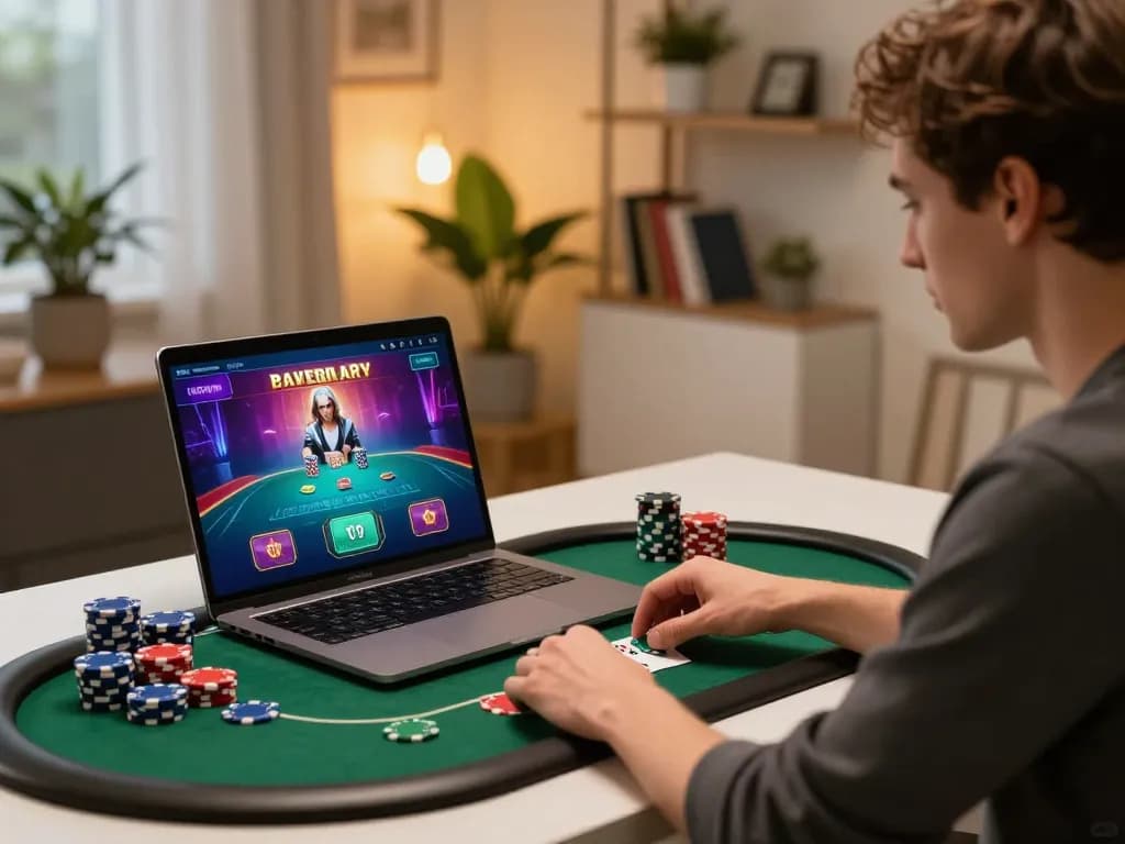 Player engaging in poker strategy at home with FC88 online gaming interface visible