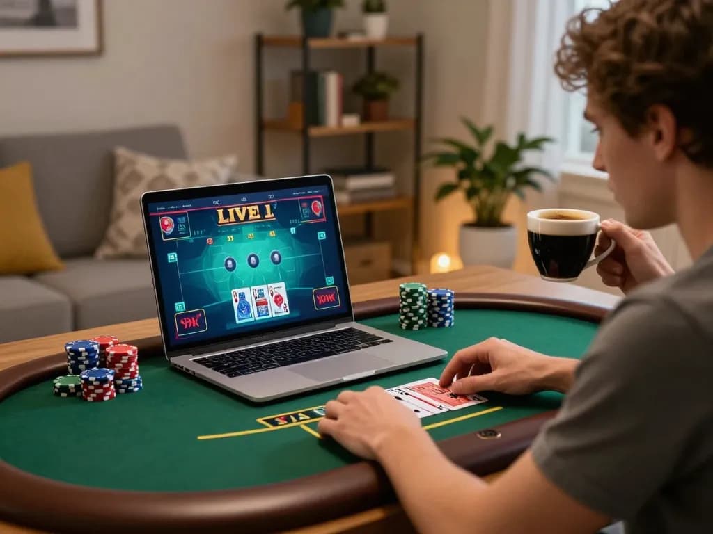 Player enjoying live blackjack on RR88 app in cozy home, showcasing strategic decision-making.