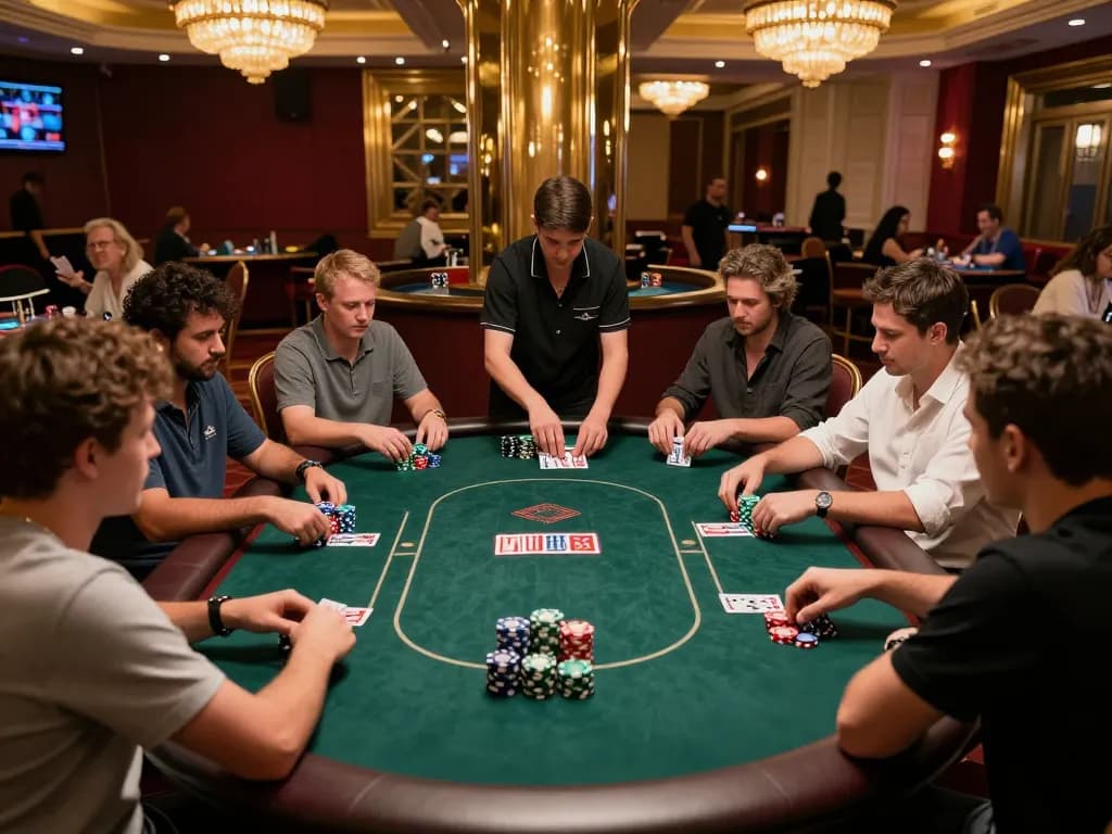 Track-courier players strategize in an engaging poker game surrounded by vibrant casino decor.