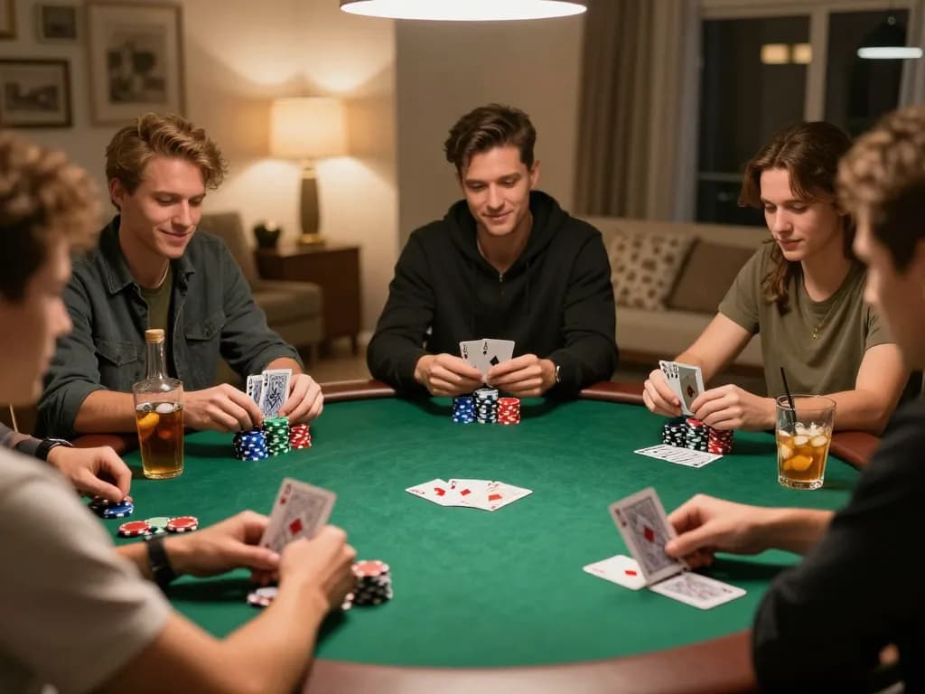 Poker players enjoying a game night at home with SC88, showcasing dynamic gameplay and friendly competition.