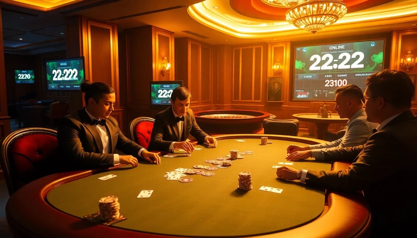 Experience the thrill of 23win gaming at a luxurious poker table with vibrant colors and elegant decor.