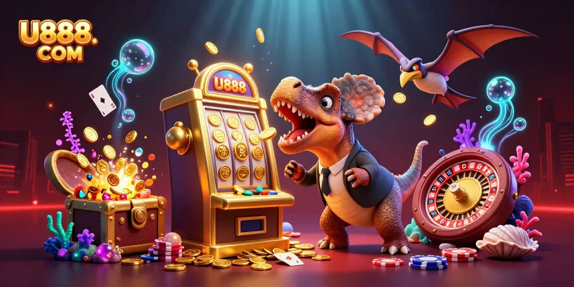 Experience thrilling wins with U888. COM in this vibrant casino scene featuring a jackpot slot machine.