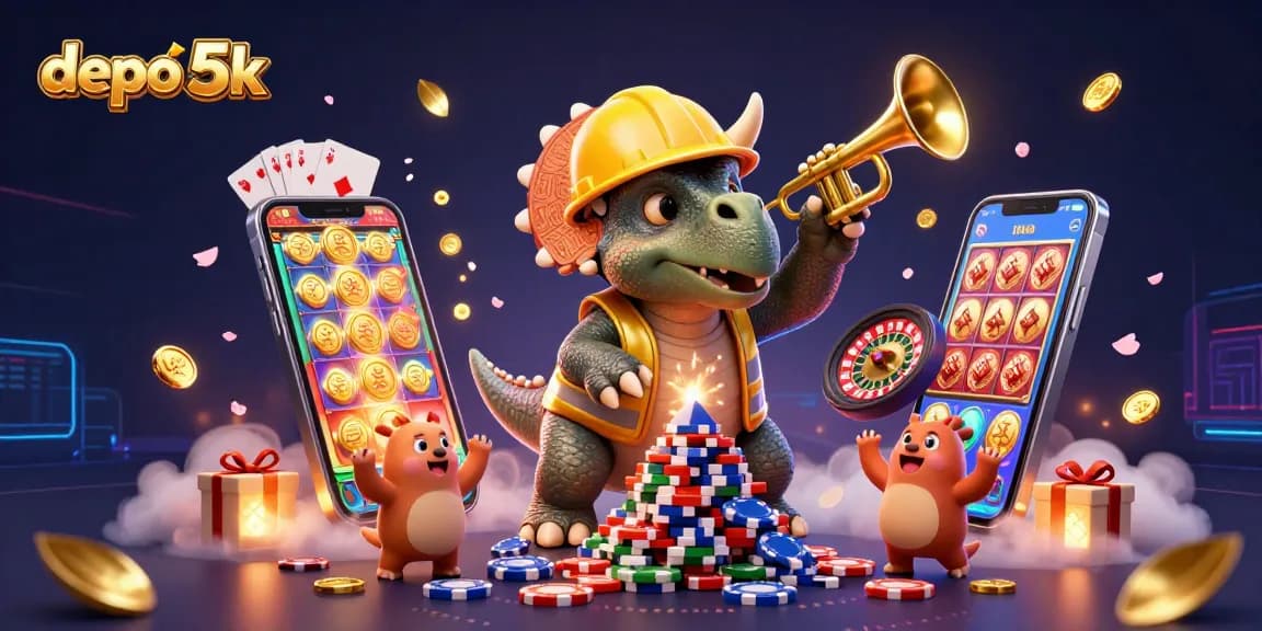 Experience the thrill of depo 5k as colorful slot games and festive celebrations fill the scene.