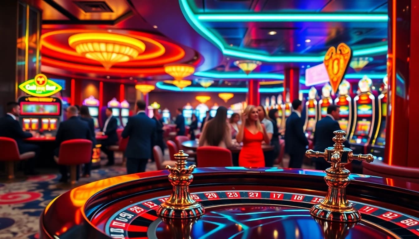 Engaging scene of a casino showcasing uu娛樂 with vibrant lights and patrons at a roulette table.