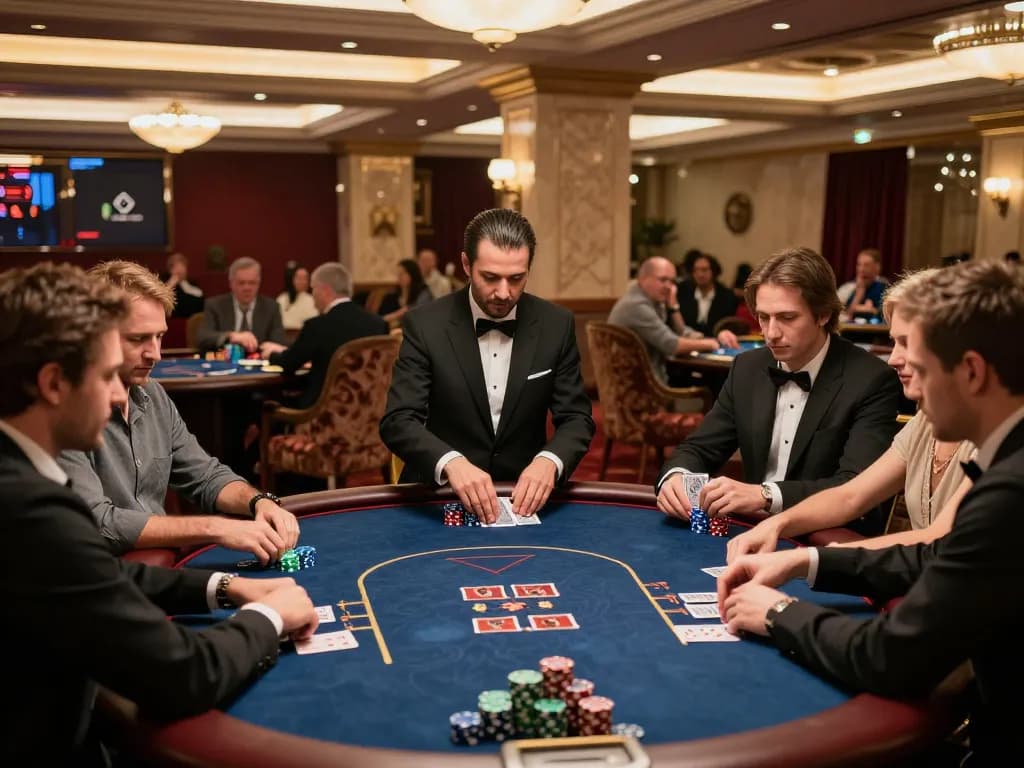 Players engaged in poker at nhà cái 88aa, showcasing strategy in an upscale casino setting.