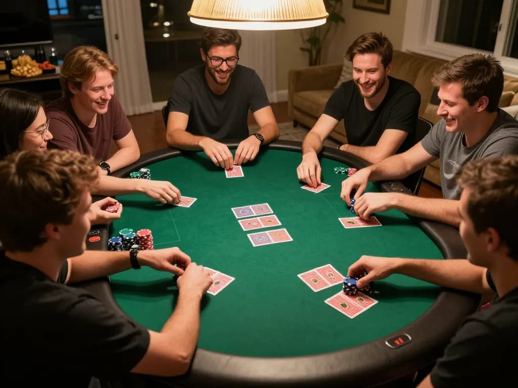 Engaged players enjoying a poker night at home, showcasing incakoin while dealing cards and placing bets