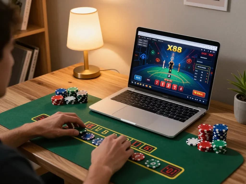 X88 online casino gameplay with player placing bets during an intense blackjack match in a cozy home setting