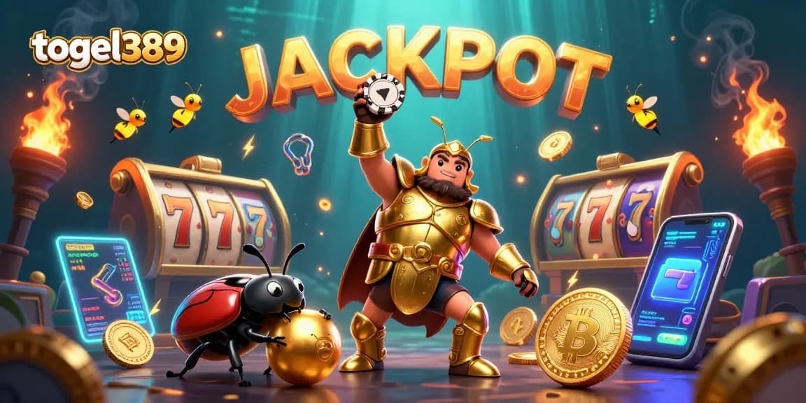 Togel389 presents a victorious hercules beetle lifting a poker chip amidst slot elements and glowing coins, illustrating winning potential.