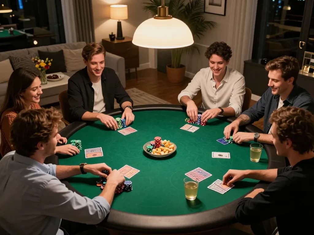 Players engaged in a competitive poker game at home, highlighting the friendly spirit of nhà cái 8xbet gameplay.