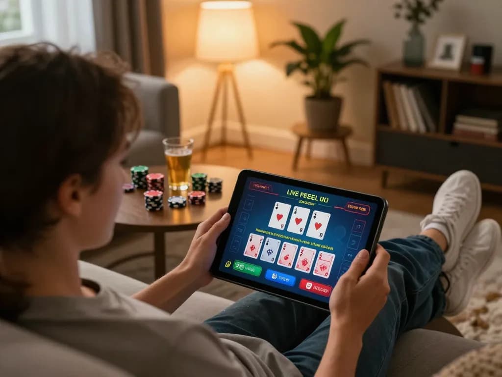 Player engaging with tg88 live dealer blackjack on tablet in a cozy home environment