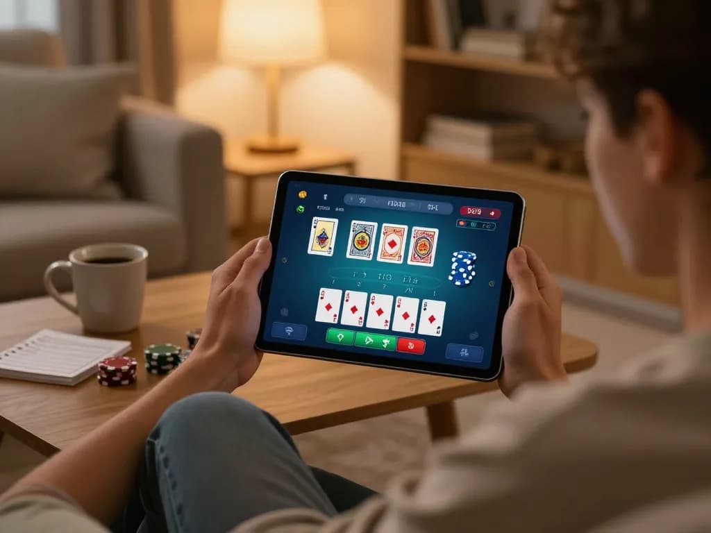 Engaging in online blackjack gameplay with ligasedayu on a tablet in a cozy living room.