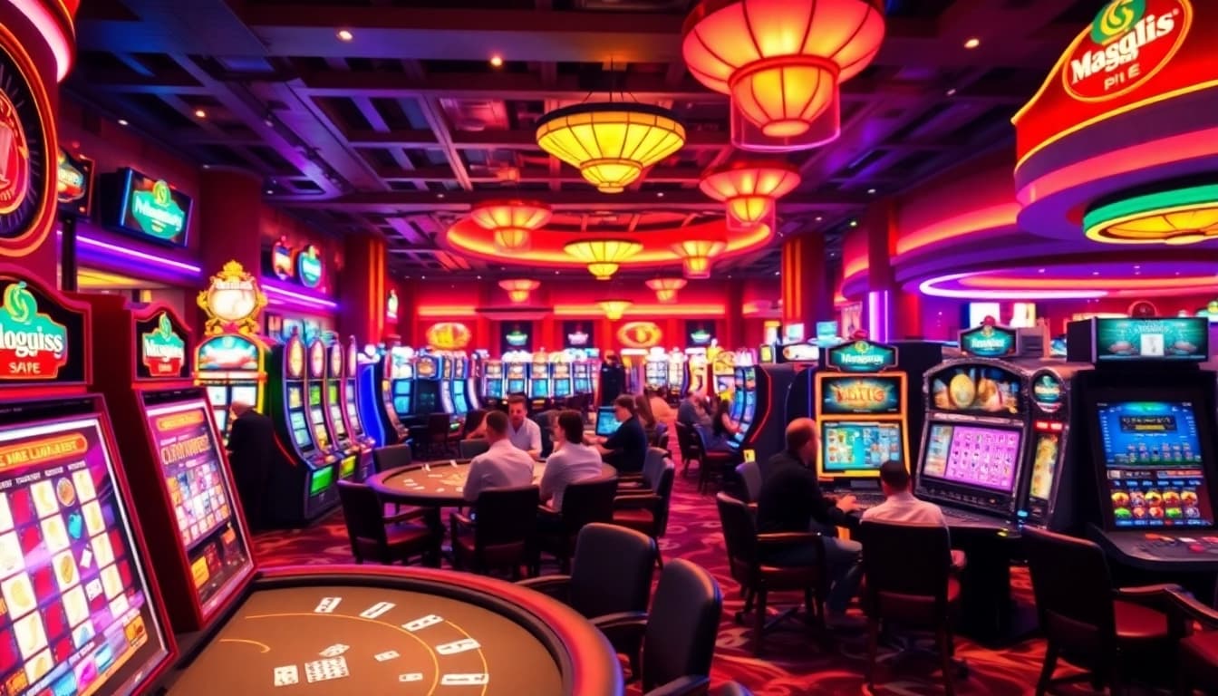 Katsu5 Alternatif menampilkan suasana kasino yang hidup, dengan mesin slot berwarna-warni dan meja poker.