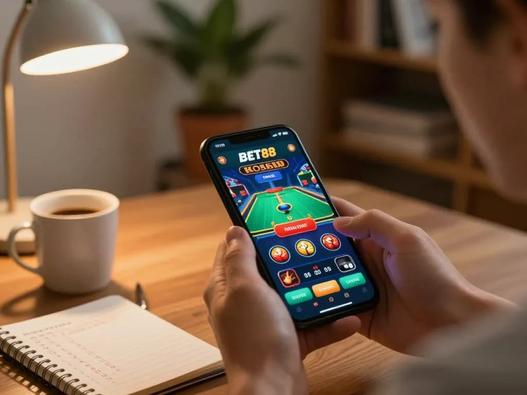 Player strategizes online gaming actions on BET88 app in a cozy home setup, showcasing responsible gambling.