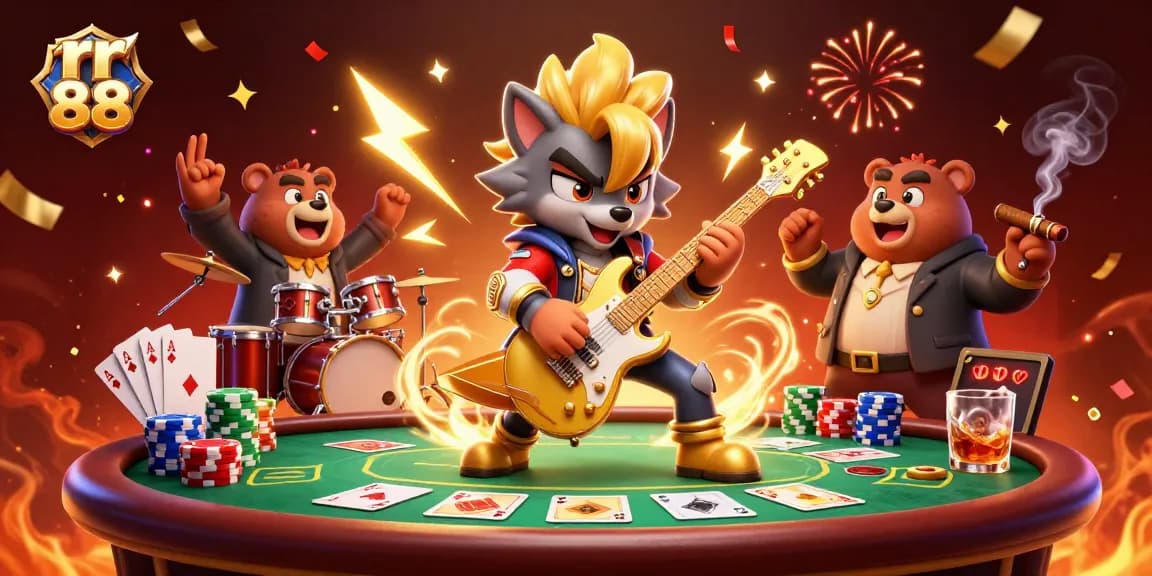 Engage with the excitement of rr 88 as a rock star wolf shreds on stage with vibrant casino elements.
