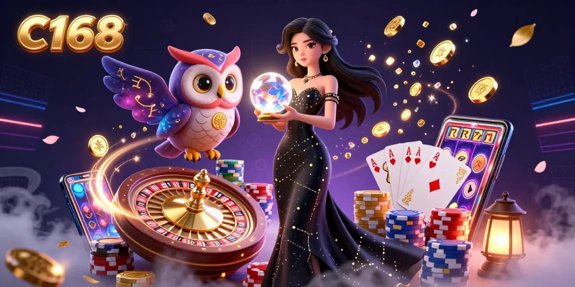 C168 promotes winning with its vibrant mascot and casino elements like poker chips and roulette wheels.