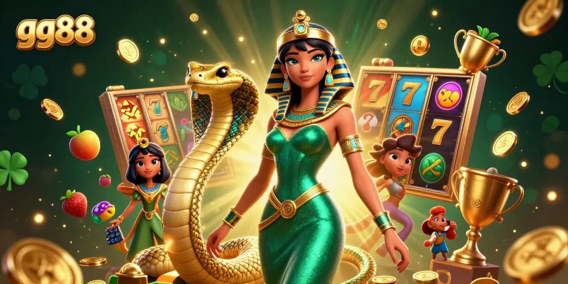 Experience thrilling slots action at gg88 with dazzling visuals, golden snake companion, and vibrant elements.