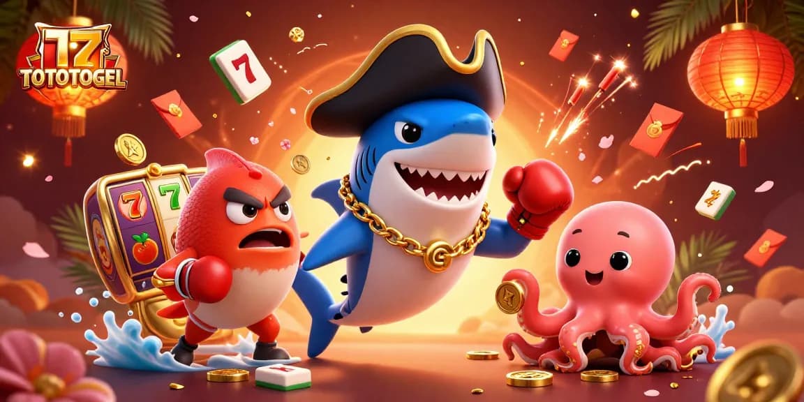 Engage with TOTOTOGEL in this vibrant 3D scene featuring a cartoon pirate shark, pufferfish, and octopus amidst lively gambling elements.
