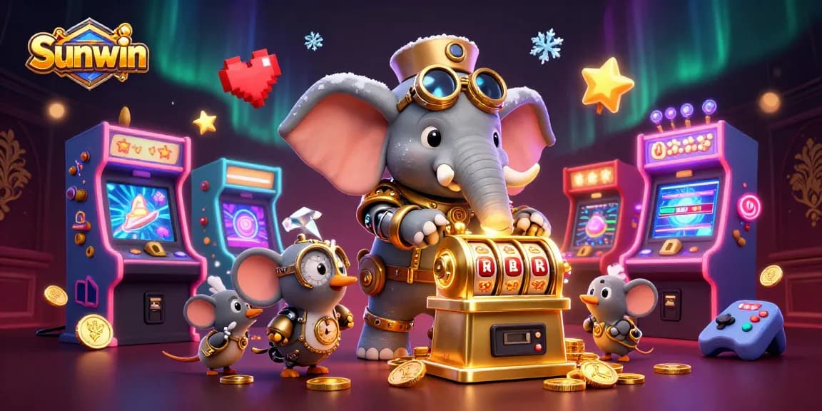 Spin to win with Sunwin's exciting golden slot machine operated by a steampunk elephant engineer.
