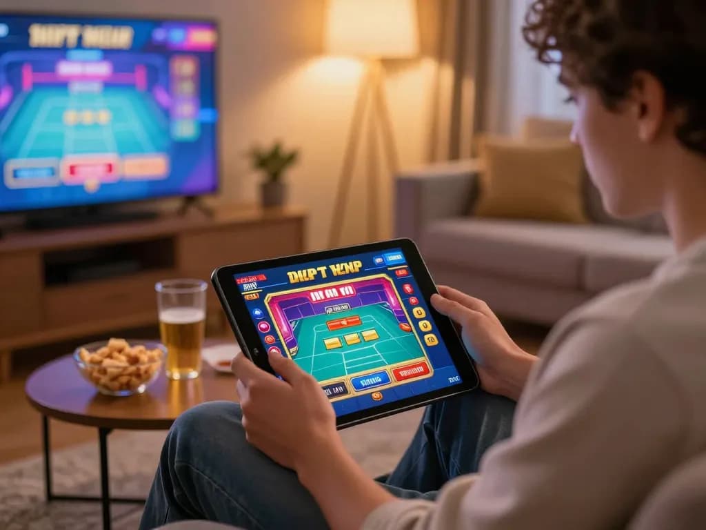 Iwin online gaming session on tablet in cozy home environment with snacks and warm lighting