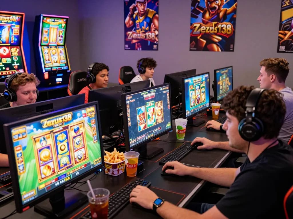 Online gamers enjoying thrilling experience on Zeus138 slot games in a vibrant gaming room.