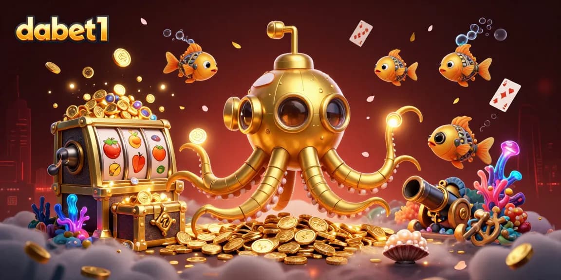dabet1 explores thrilling slot experiences featuring vibrant cartoon kraken submarine surrounded by gold coins.